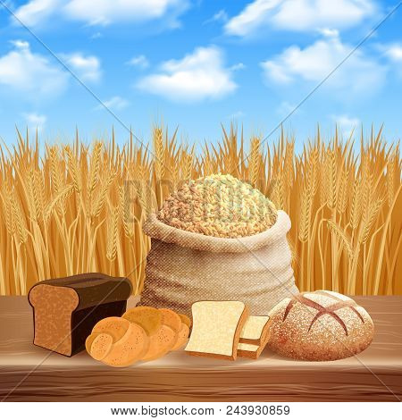 Bread Assortment Background With Careal And Crops Symbols Flat Vector Illustration