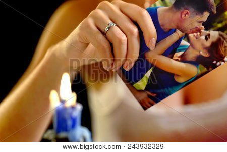 Wedding memories. Broken heart woman. Couple break up. Sad bride on unhappy wedding. Sense of property of lovers. Portrait crying female. Become wiser because of experience of parting.