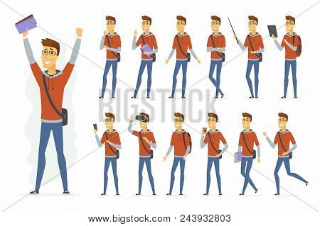 Modern Student - Vector Cartoon People Character Set Isolated On White Background. Cheerful Boy In C