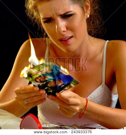 Wedding memories. Broken heart woman. Couple break up. Sad bride on unhappy wedding. Mutual passion without love. Portrait crying female. Family has divorce. Aborted love.