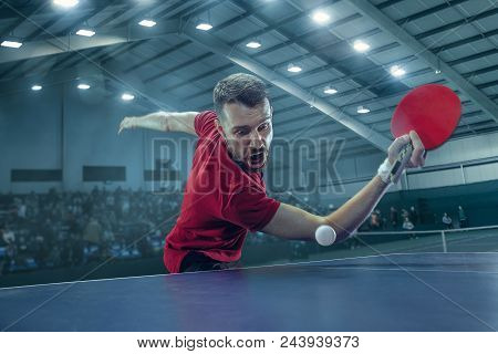 The Table Tennis Player In Motion. Fit Young Sports Man Tennis-player In Play On Sport Arena Backgro