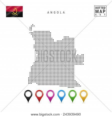 Dotted Map Of Angola. Simple Silhouette Of Angola. The National Flag Of Angola. Set Of Multicolored 