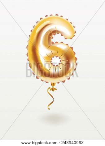 Vector Cartoon Illustration Of Golden Number Six 6 Metallic Air Balloon. Party Decoration Golden Inf