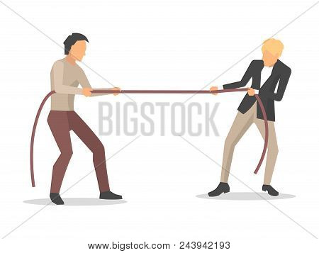 Closeup Of Men Competition, Two Business Pulling Rope, Symbol Of Gaining Power And Leadership Vector