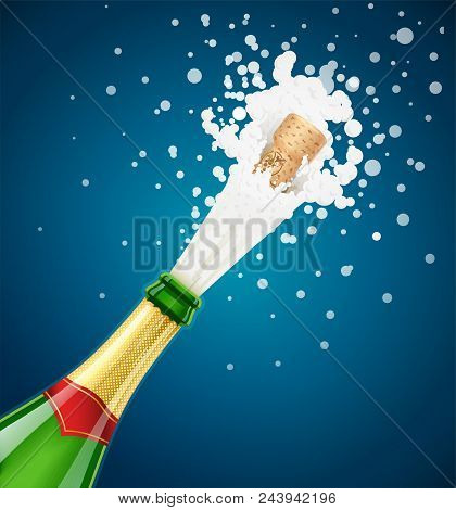 Champagne Green Bottle. Explode Traditional French Alcohol Drink. Grape Wine. Celebration Symbol. Ho