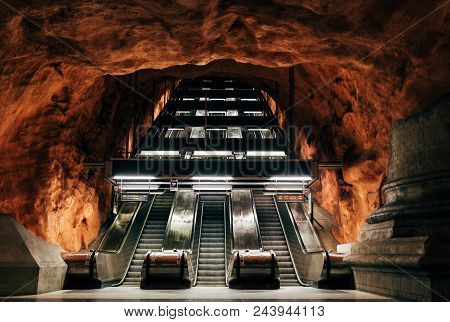 Sweden, Stockholm - Aprl 27, 2018: Escalators At Modern Designed Radhuset Metro Station In Stockholm