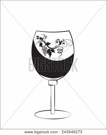 Black White The Stylized Vector Image Of A Glass With Wine, Decorated With A Grapevine