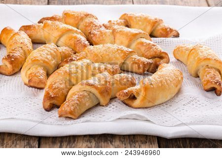 Rugelach Traditional Jewish Cookies On Wooden Table Rustic Style.