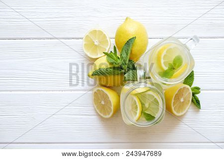 Summer Healthy Non Alcoholic Cocktails, Citrus Infused Water Drinks, Lemonades With Lime Lemon Or Or