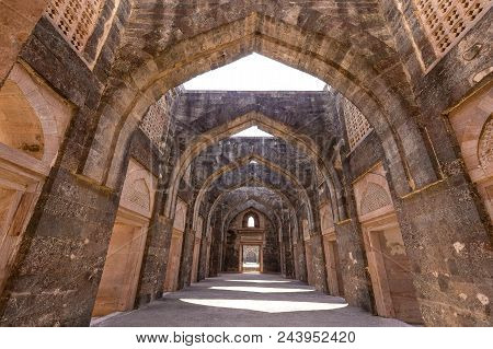 Ancient Fort Ruined City At Mandu, Madhya Pradesh, India. Arched Architecture In The Palace Jahaz Ma