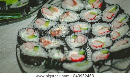 Sushi Set Sashimi And Sushi Rolls, Maki