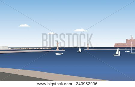 Coast Of Rhodes Island With Sea, Moor And Columns With Statues Of Deer, Under A Blue Summer Sky With