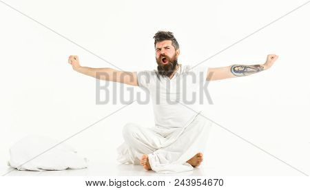 Man With Sleepy, Yawning Face Stretching, Wake Up. Morning Relax Concept. Man Full Of Energy In Morn