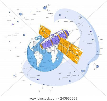 Space Station Flying Orbital Flight Around Earth, Spacecraft Spaceship Iss With Solar Panels, Artifi