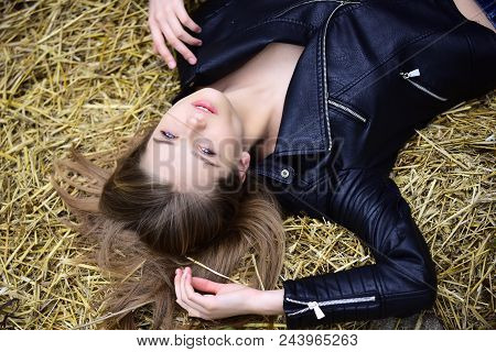 Sexy Woman With Long Hair In Summer On Hayloft. Summer Or Spring Fashion And Beauty. Relax At Travel