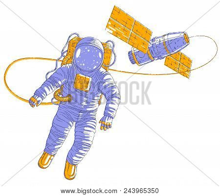 Spaceman Flying In Open Space Connected To Space Station, Astronaut Man Or Woman In Spacesuit Floati
