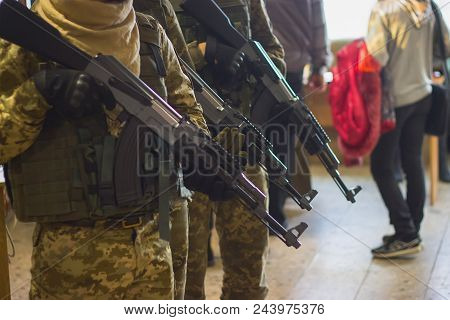 Murderers Or Terrorists Use Guns, Hijackers, And Violent Prisoners For Hostage. War And Terrorist Pu