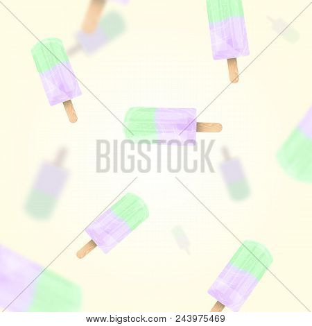 Falling Ice Cream Popsicles Green And Lilac Pastel Colors Vector Background. Stock Illustration
