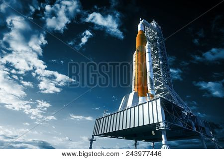 Space Launch System On Launchpad Over Background Of Sky. 3d Illustration.