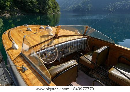 Abkhazia, Georgia, 17 September 2017: Cockpit Of Vintage Speedboat On Lake Ritsa
