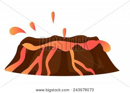 Splashing Hot Lava In Volcano Isolated On White. Erupting Center With Liquid Flowing Beneath Mountai