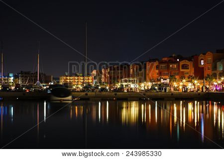 Beautiful Reflections And Lights Of Marina In Hurghada At Night, Egypt.