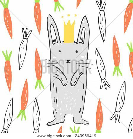 Funny Grey Rabbit In The Crown Surrounded By Carrots. Illustration About Animals For Children Design