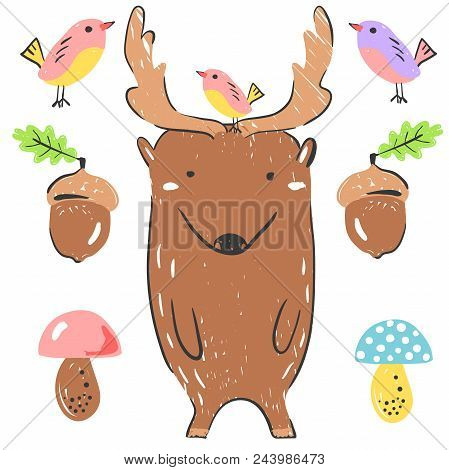 Funny Deer With Bird, Acorn And Mushrooms. Illustration About Animals For Children Design. Cartoon S
