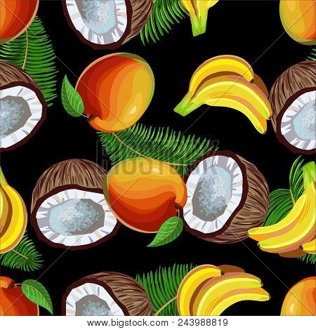 Hand Drawn Realistic Bananas, Coconuts And Mangos Pattern. Colorful Vector Illustration. Suitable Fo