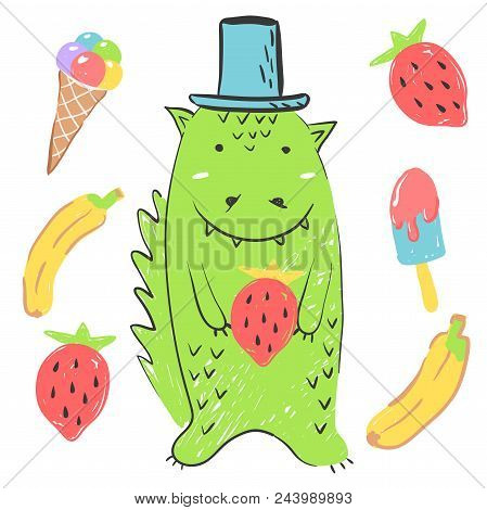 Funny Green Dinosaur. Illustration About Animals For Children Design. Cartoon Style.