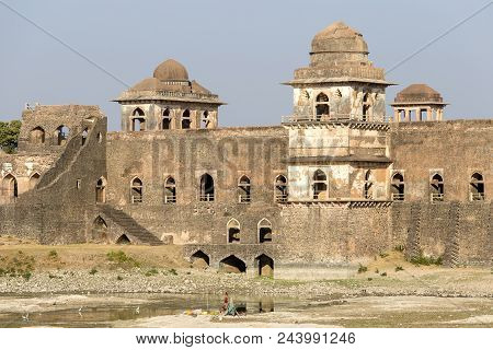 Jahaz Mahal , Ship Palace In Sunrise. Mandu, Madhya Pradesh. India. Old Indian Architecture On The B