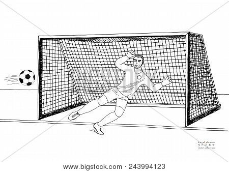Goalkeeper Jumping To Catch The Soccer Ball. Football Game. Young Athletic Champion. Hand Drawn Vect