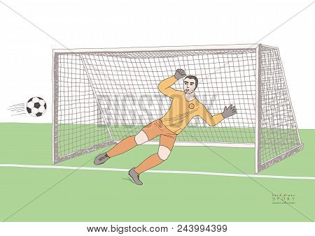Goalkeeper Jumping To Catch The Soccer Ball. Football Game. Young Athletic Champion. Hand Drawn Vect