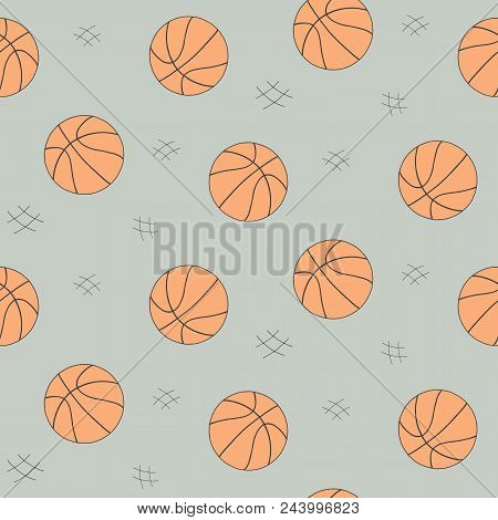 Basketball Ball Seamless Pattern For Background, Web, Style Elements. Hand Drawn Sketch. Sport Vecto