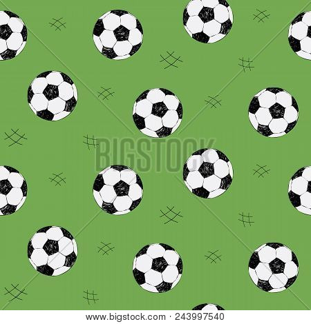 Soccer Ball Seamless Pattern For Background, Web, Style Elements. Green Background. Hand Drawn Sketc
