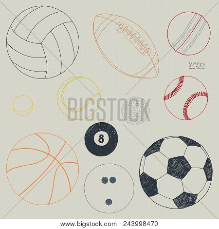 Vector Set Of Sport Balls. Hand Drawn Colored Sketch