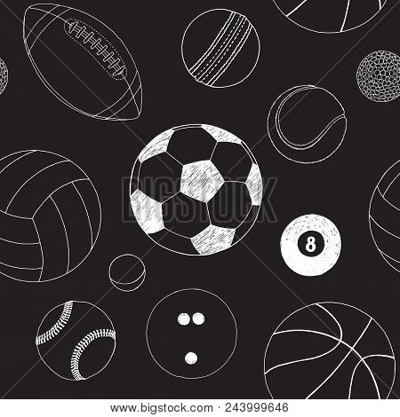 Seamless Pattern With Set Of Sport Balls. Hand Drawn Vector Sketch. White Sport Items On Black Backg