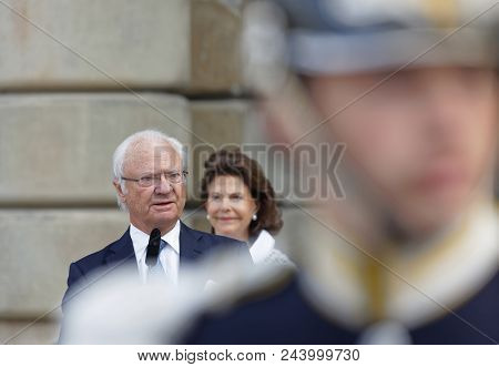 Stockholm, Sweden - Jun 06, 2018: The Swedish King Carl Gustaf Bernadotte Xvi Giving A Speech, His Q