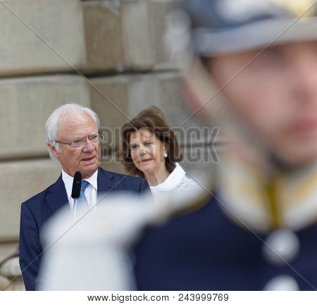 Stockholm, Sweden - Jun 06, 2018: The Swedish King Carl Gustaf Bernadotte Xvi Giving A Speech, His Q
