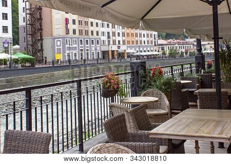 Russia. Rosa Khutor. Krasnaya Polyana. Sochi. 28 July 2018. Streets, Cafes And Houses Of The Russian