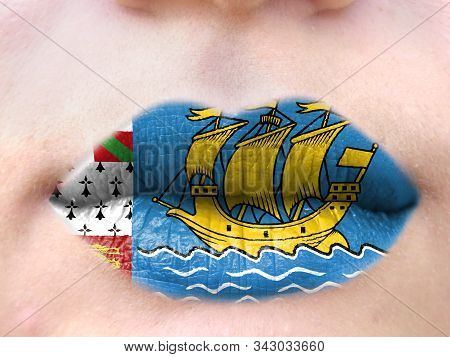 Female Lips Close Up With A Picture Flag Of Saint Pierre And Miquelon. Learning Languages.