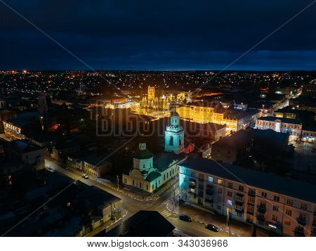 Ascension Cathedral At Night, Aerial View. Yelets, Lipetsk Region Russia