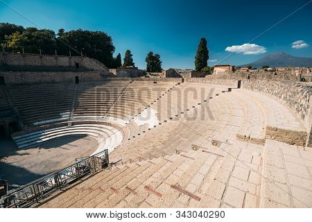Pompeii, Italy. View Of Great Theatre Of Pompey In Sunny Day.