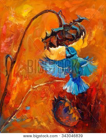 Original Oil Painting Of Hummingbird Or Kolibri And Sunflower  On Canvas.rich Golden Sunset.modern I