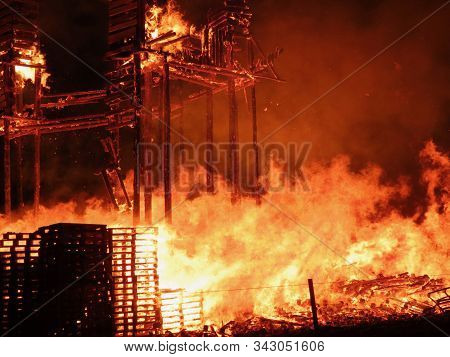 Buergbrennen Festival In Luxembourg. Celebrating End Of Winter Beginning Of Spring By Burning Mock C