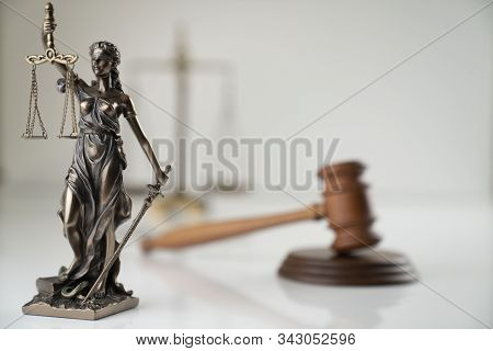 Lawyers Office Concept. Law Symbols Composition - Gavel, Scale And Themis Statue On Off-white Backgr