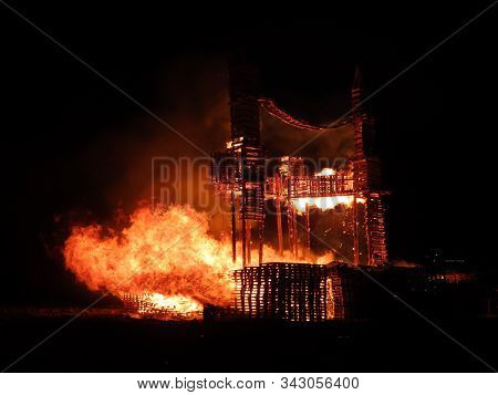 Buergbrennen Festival In Luxembourg. Celebrating End Of Winter Beginning Of Spring By Burning Mock C