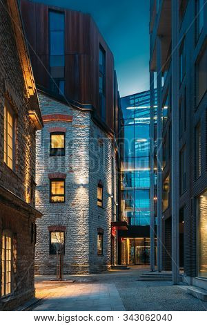 Tallinn, Estonia - December 5, 2016: View Of Historical Rotermann City In Evening Illuminations. Rot