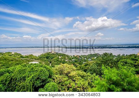 Aerial View Of Mandalay City With  Temples, Gold Pagoda, Irrawaddy River And Bridges From Sagaing Hi
