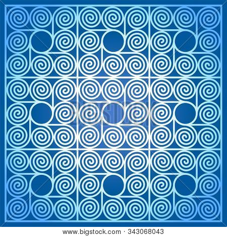 Blue Colored Background Of Nine Square Shaped Tiles, Made Of Arithmetic Spirals Around A Circle. Pat